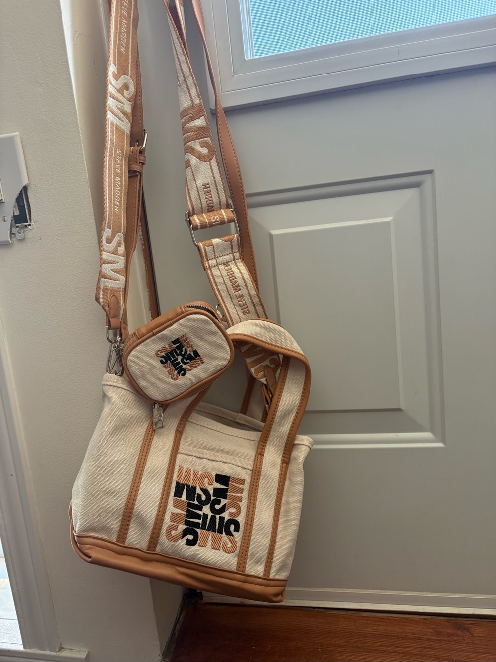 Steve Madden Stylish Beige & Tan Canvas Crossbody Tote